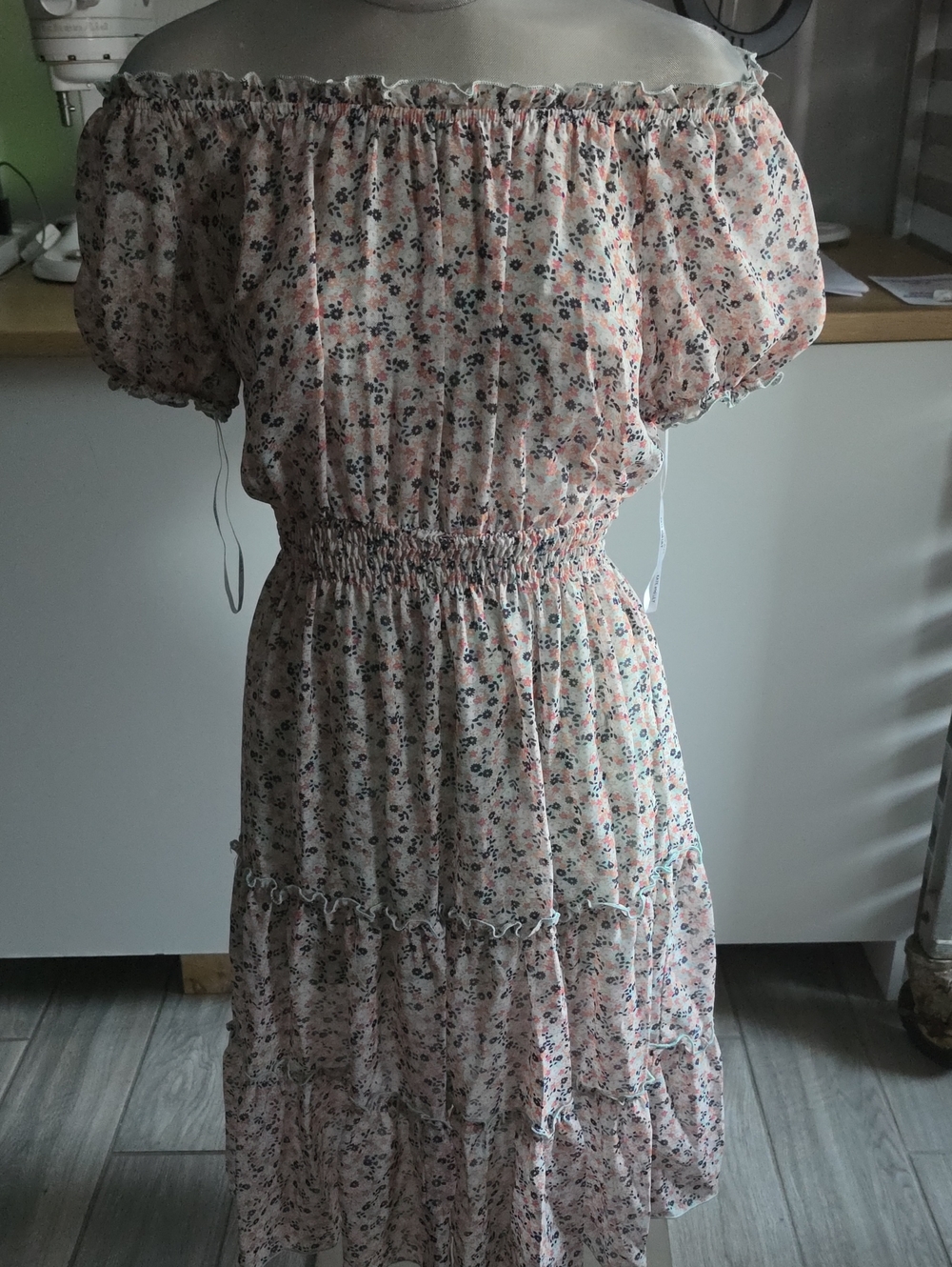 Off-Shoulder Floral Tiered Midi Dress in Blush Pink